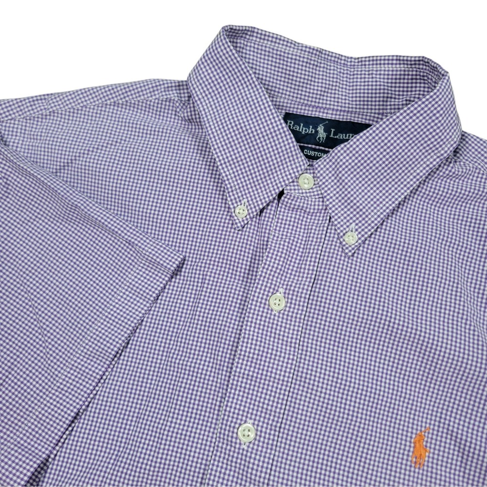 Ralph Lauren Button Down Shirt Mens L Purple Gingham Custom Fit Short Sleeve